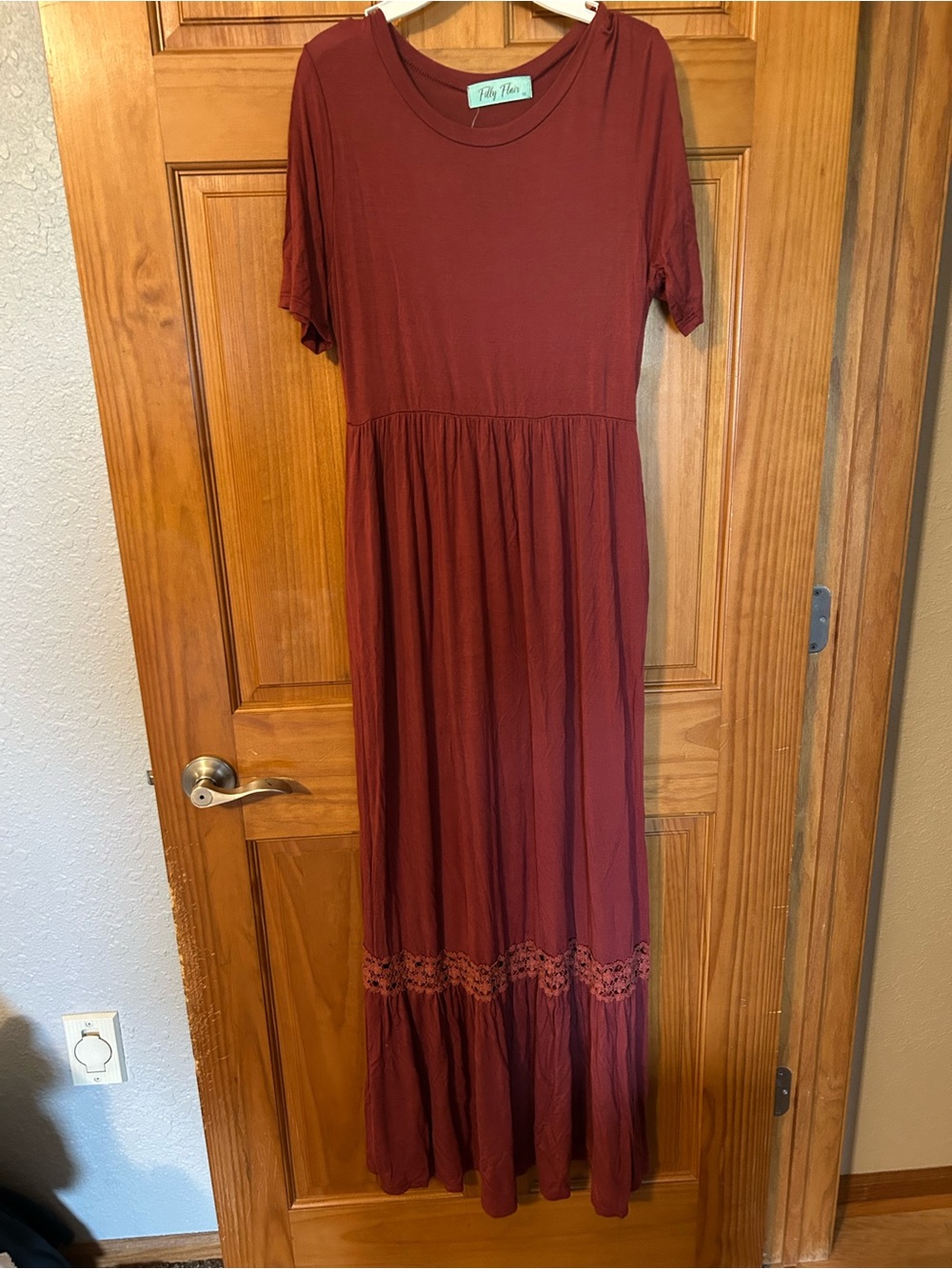 Filly Flair Burgundy Short-Sleeve Maxi Dress with Lace Trim